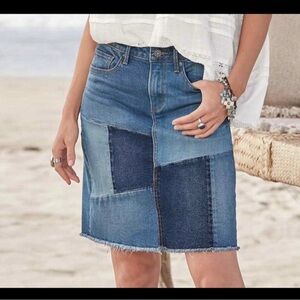 Driftwood patchwork denim skirt (from Sundance), size 31